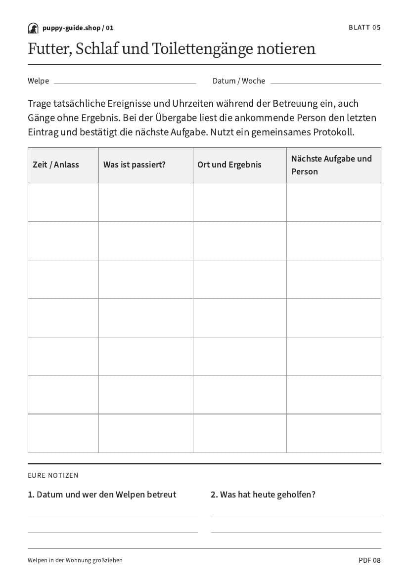 Futter, Schlaf und Toilettengänge notieren · Arbeitsblatt-PDF, Seite 8