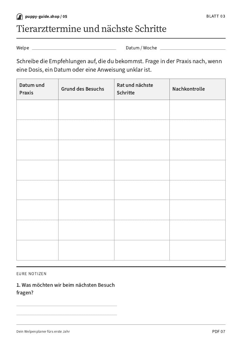 Tierarzttermine und nächste Schritte · Arbeitsblatt-PDF, Seite 7
