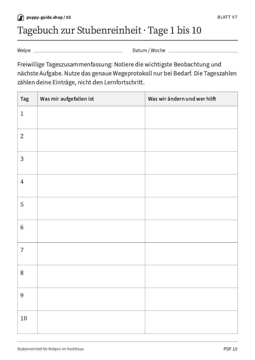 Tagebuch zur Stubenreinheit · Tage 1 bis 10 · Arbeitsblatt-PDF, Seite 10