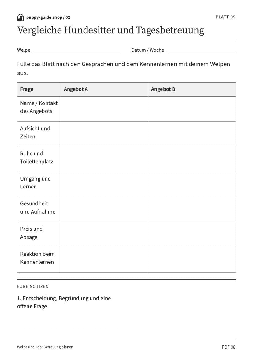 Vergleiche Hundesitter und Tagesbetreuung · Arbeitsblatt-PDF, Seite 8