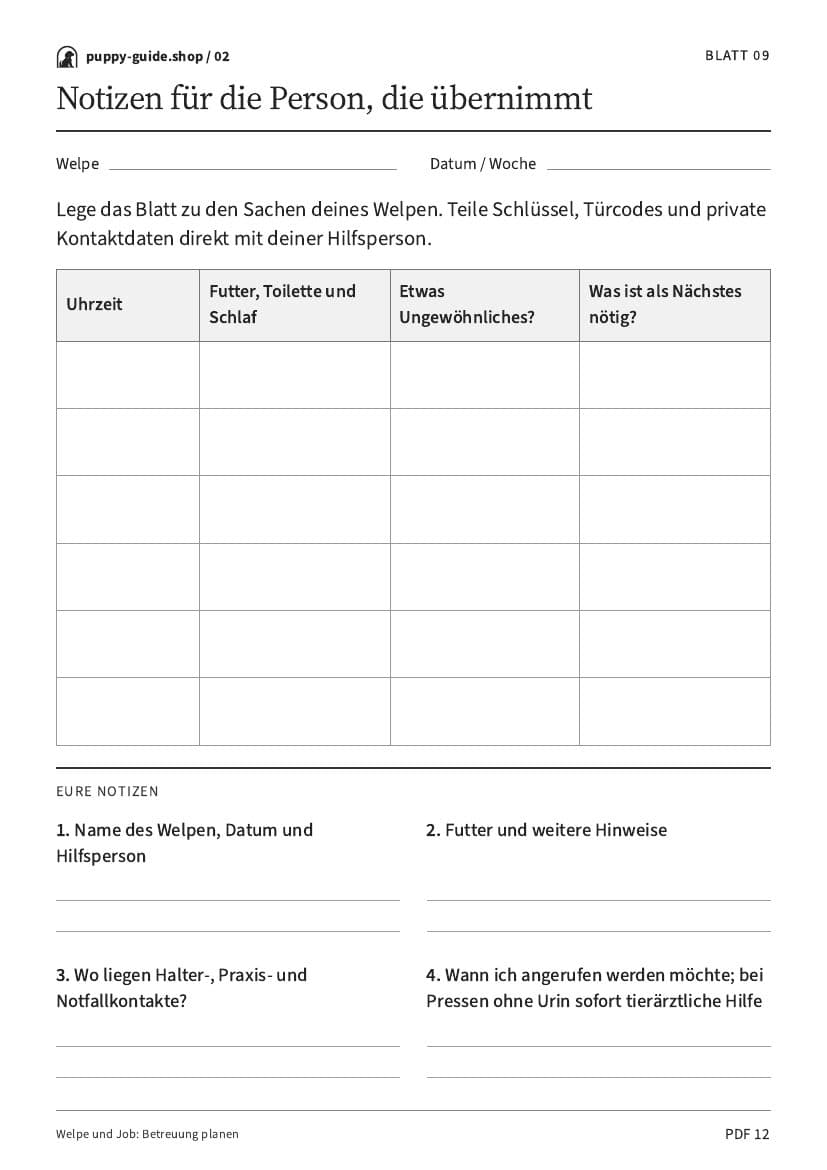 Notizen für die Person, die übernimmt · Arbeitsblatt-PDF, Seite 12