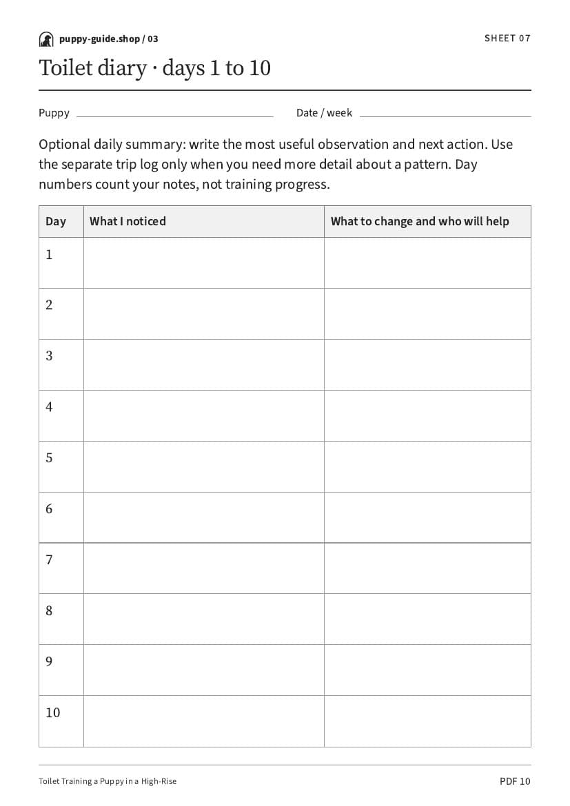 Toilet diary · days 1 to 10 · Worksheet PDF, page 10