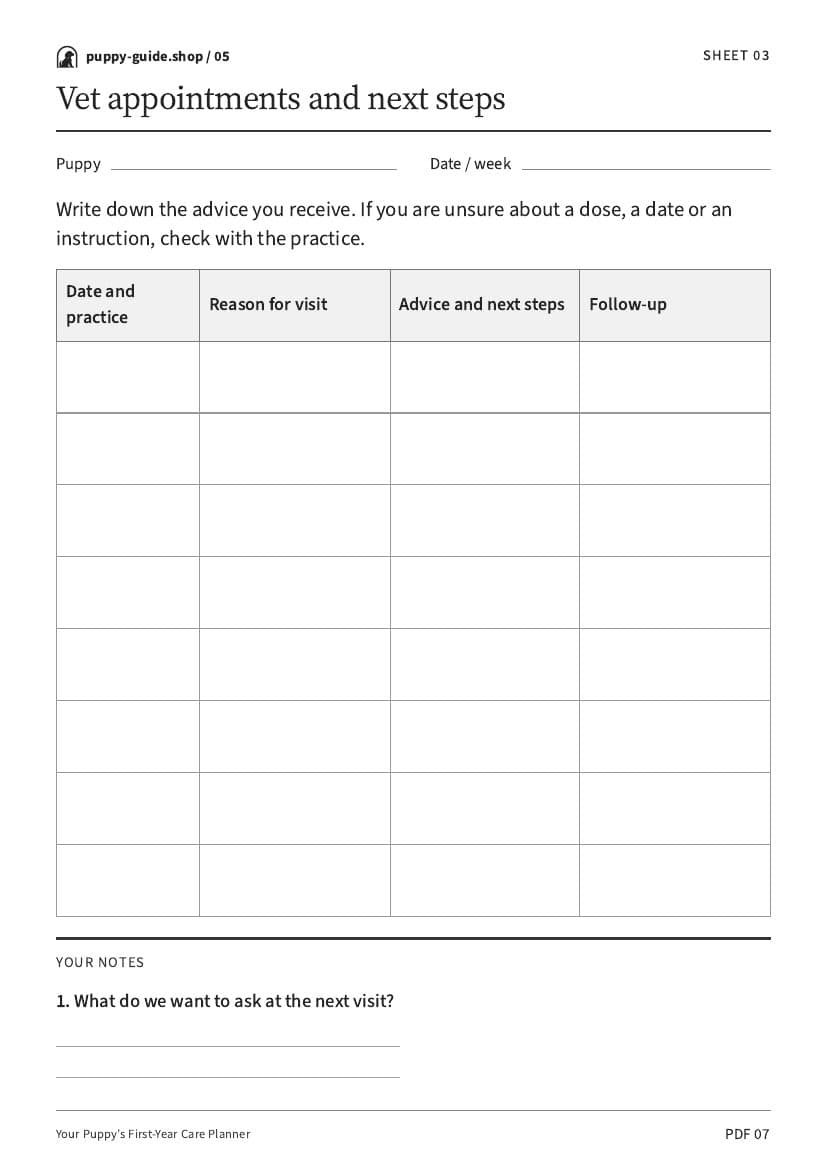 Vet appointments and next steps · Worksheet PDF, page 7