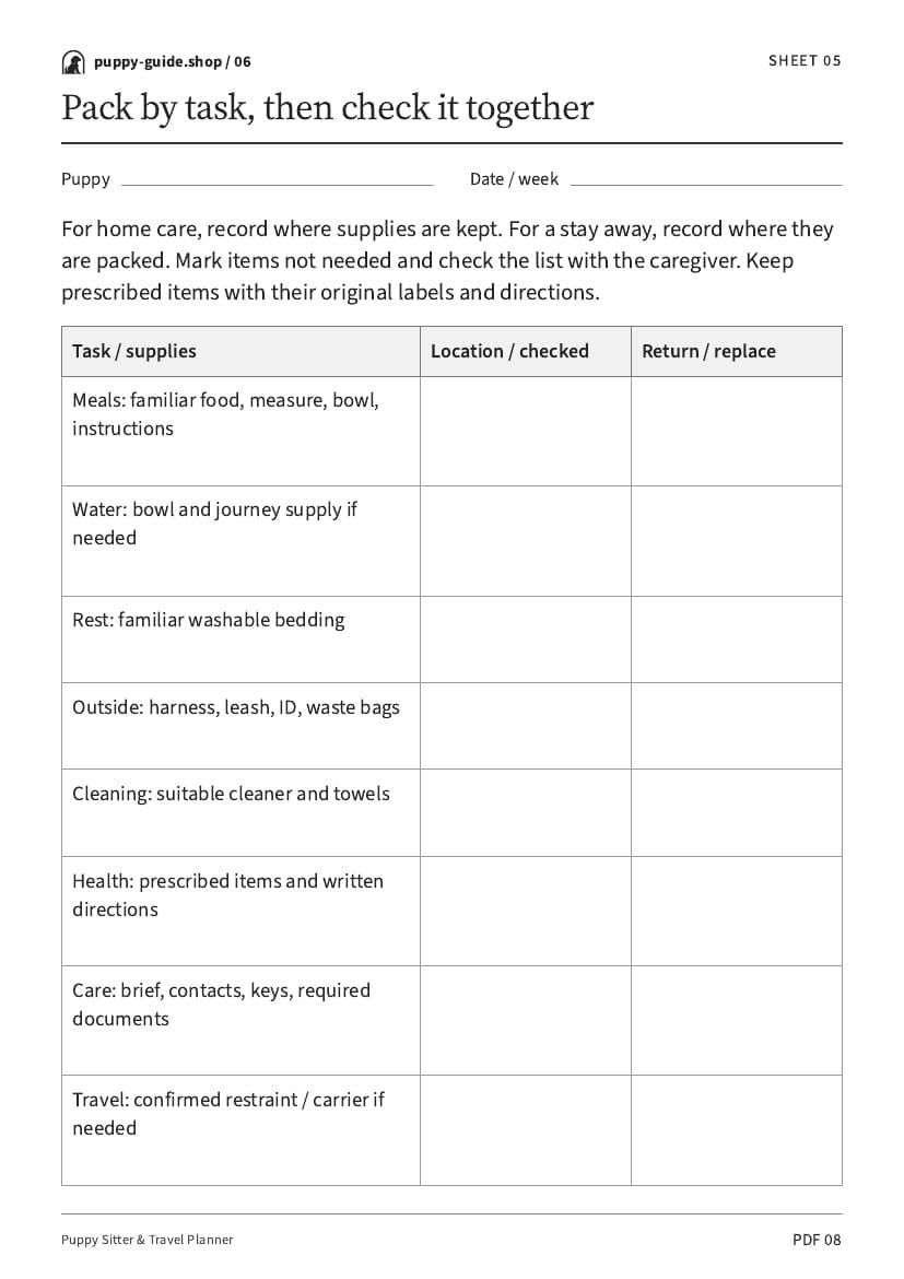 Pack by task, then check it together · Worksheet PDF, page 8