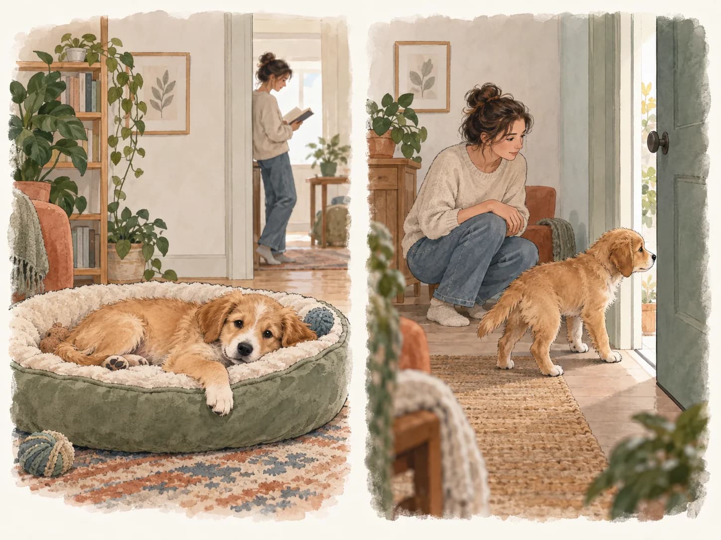 Two scenes: a puppy resting in an open bed while a person reads nearby, and a puppy watching a partly open door with the person crouching beside it.