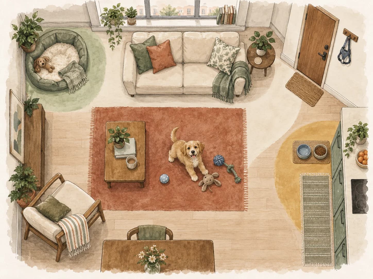 A simple top-down view of a small apartment with four marked areas: rest, supervised activity, food and water, and the route to the door.