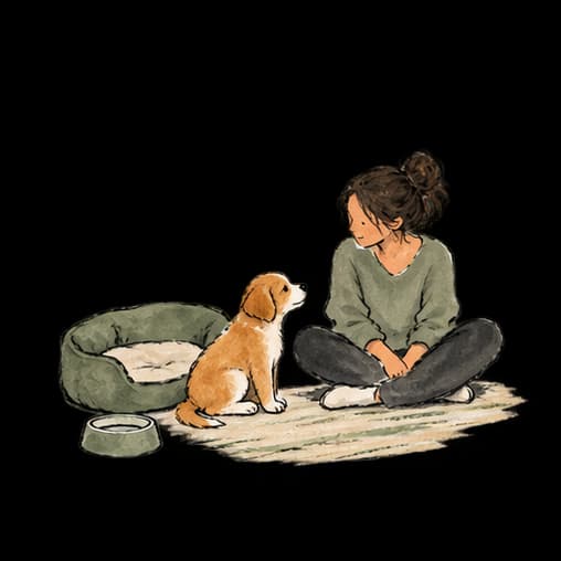 A person sitting beside a puppy, an open bed and a water bowl.