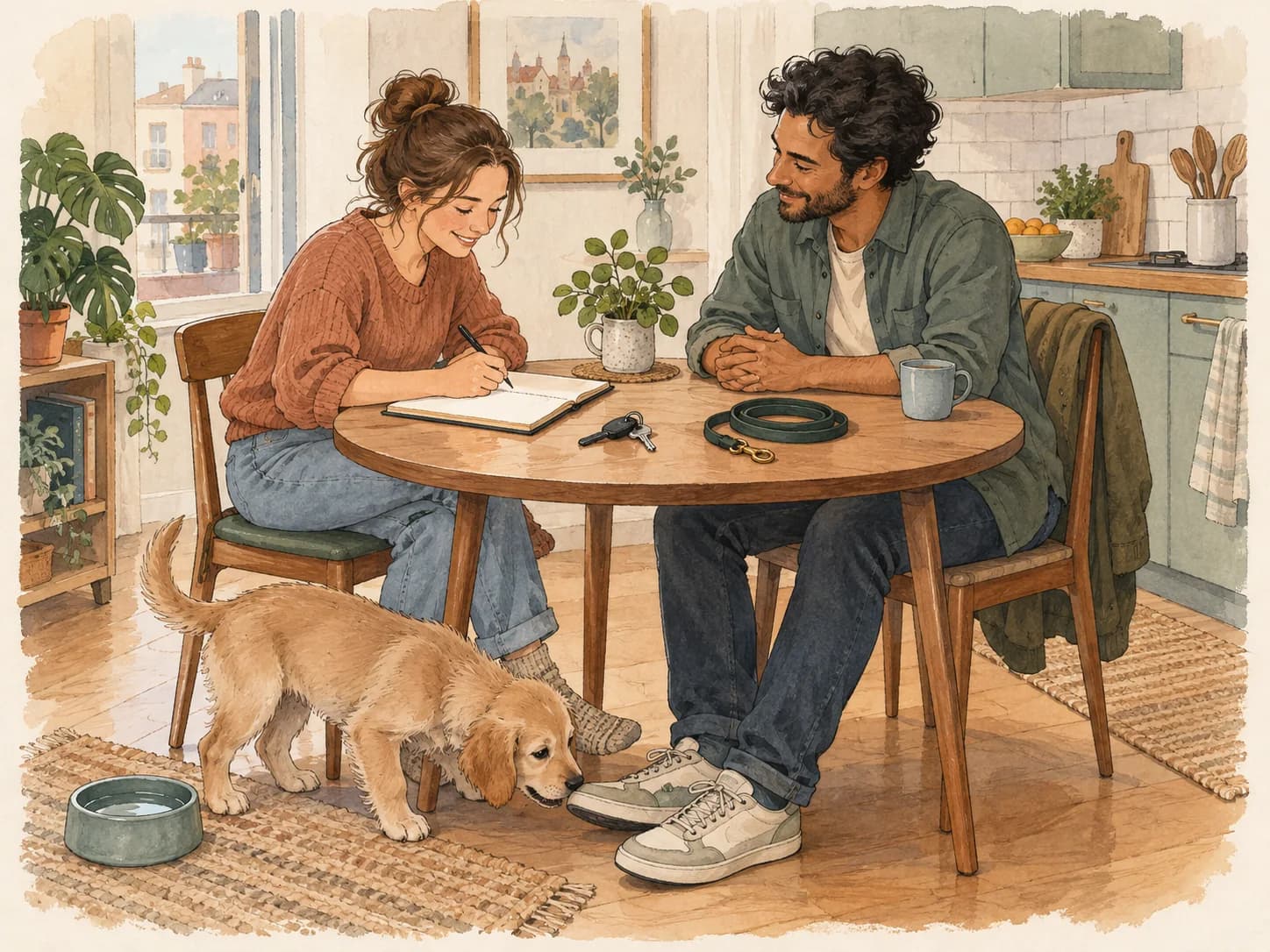 An owner takes notes at a table with a caregiver, keys and a coiled leash while the puppy sniffs the caregiver's shoe beside a water bowl.