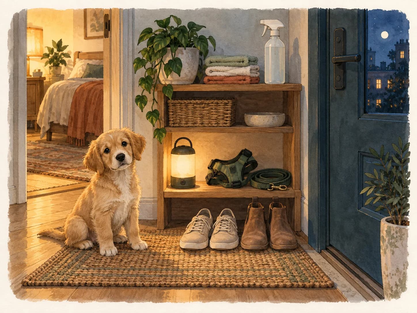 A puppy beside shoes, a small lamp, a harness and a coiled leash by the door, with cleaning cloths and a spray bottle on a high shelf.