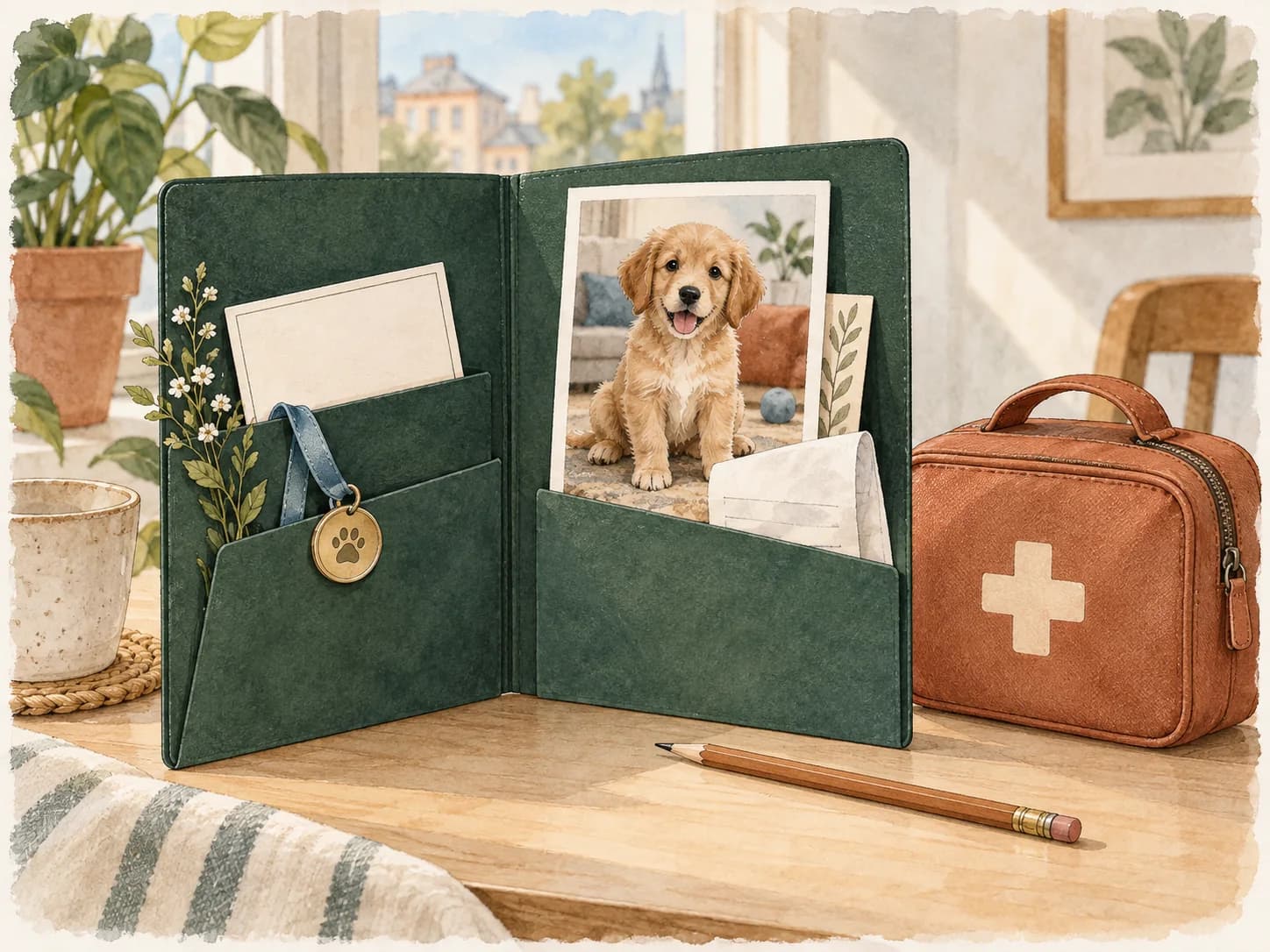 An open forest-green folder holding a blank card, a round tag, a puppy photo and a folded receipt, with a pencil and a first-aid bag beside it.