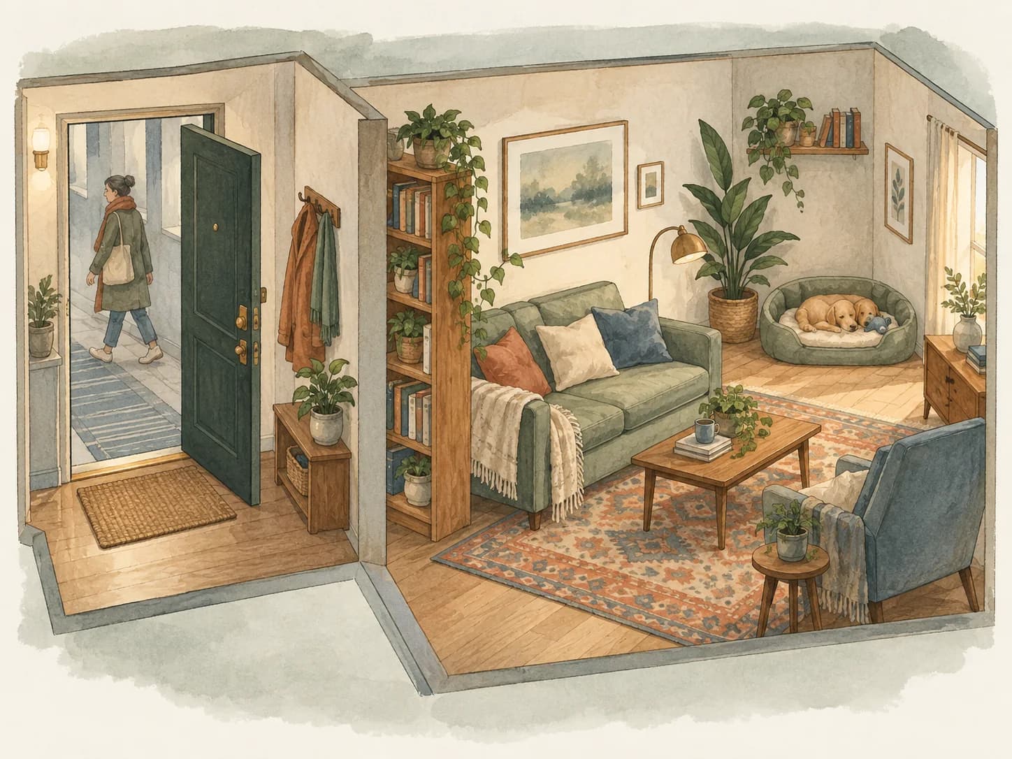 A cross-section of a small apartment showing the puppy's bed placed away from the front door and the hallway, with a rug softening the floor.