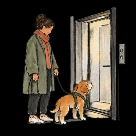 A person and a puppy waiting at the elevator in a shared building.