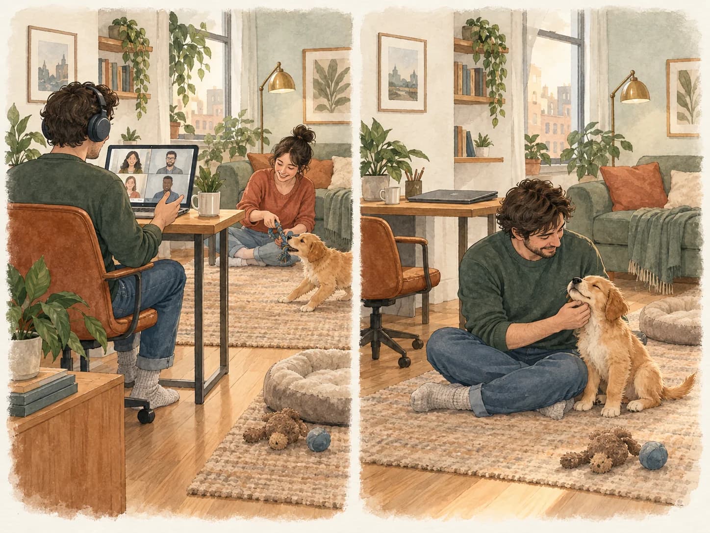 Two scenes side by side: an adult on a video call while a second person plays with the puppy, then the adult on the floor with the puppy while the laptop is closed.