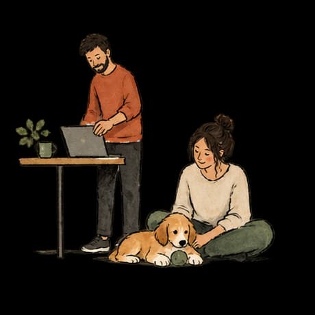 One person works at a laptop while another sits with the puppy.