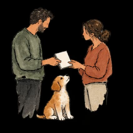 Two people sharing care notes while a puppy sits between them.
