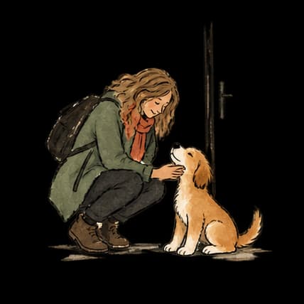 A caregiver crouching by the door to greet a puppy.