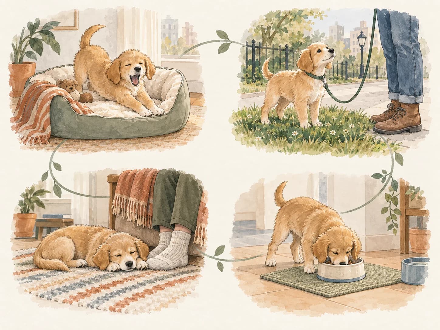 Four small scenes in a loop: a puppy waking, a puppy at the toilet spot, a puppy eating, and a puppy resting near a person.
